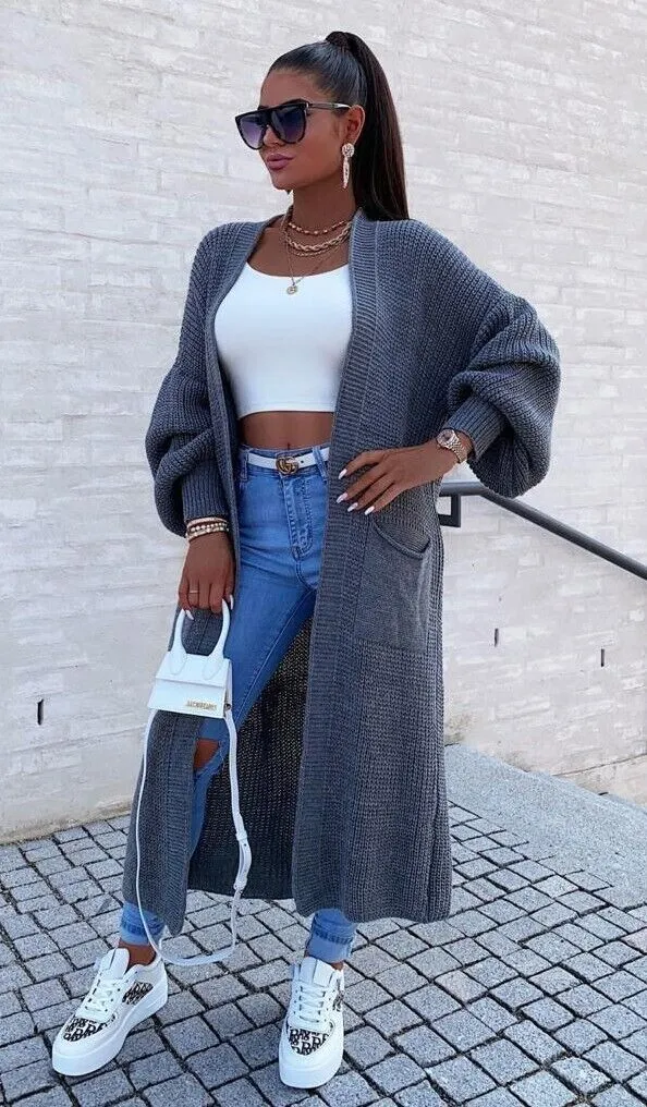 Solid Color Knitwear Pocket Cardigan Mid length Sweater Women's Coat Dark Gray - Shop at LoveMi