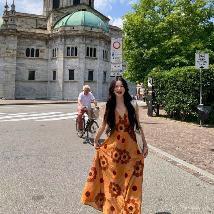 Elegant Printed V neck Dress For Seaside Vacation Orange - Shop at LoveMi
