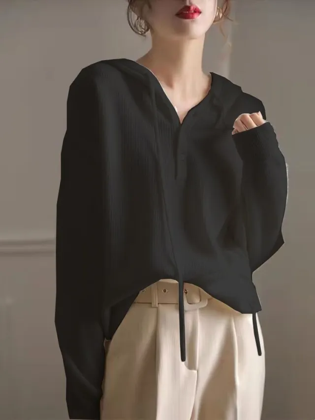 Hooded Women's Autumn New Lazy Chanel Style Top Sweater Black - Shop at LoveMi