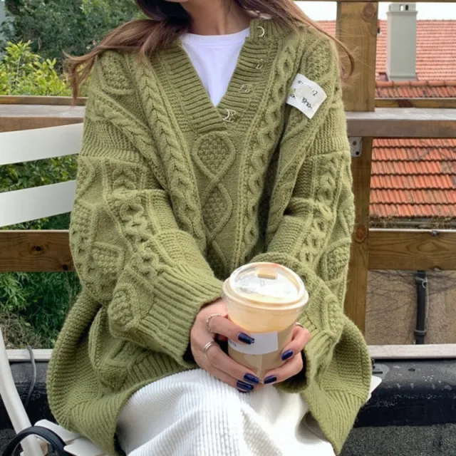 New Loose Pullover Lazy Comfortable Cable knit Sweater Green - Shop at LoveMi