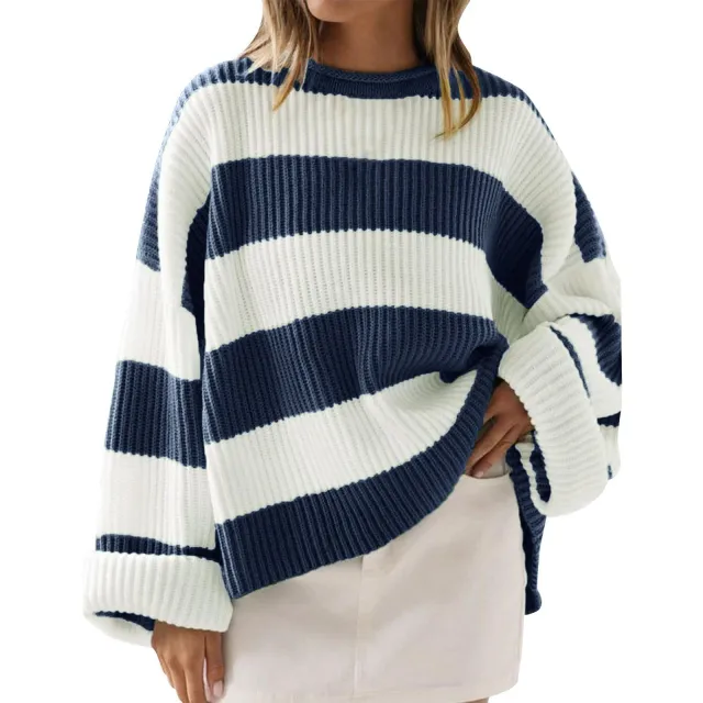 Loose Striped Sweater Fashion Casual Long Batwing Sleeve Round Neck Pullover Knit Tops Women Clothing Blue - Shop at LoveMi