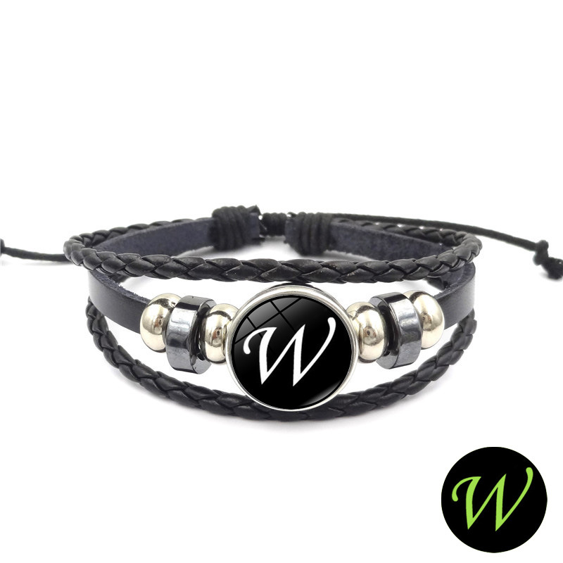 Luminous A- Z 26 English Letter Leather String Beads Braided Rope Bracelet