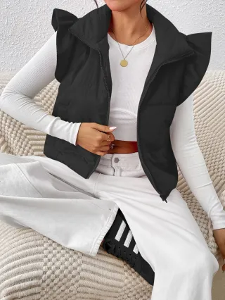 Fashion Slim Sleeveless Stand-up Collar Thermal Waistcoat Cotton-padded Coat - Black