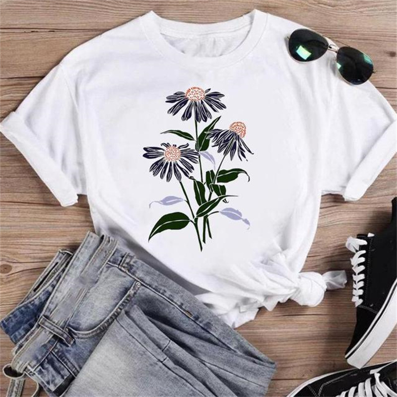 Plant Flower Round Neck Half Sleeve Cartoon Fashionable Plus Size Women's Clothes Clothes T-shirt