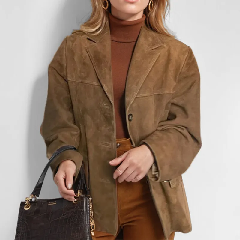 Women's Retro Brown Loose Long Sleeve Jacket - Brown