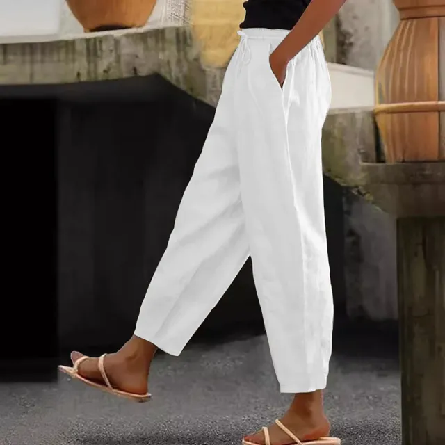 Spring And Autumn New Women's Cotton And Linen Solid Color Fashion Casual Daily Elasticated Slacks White - Shop at LoveMi