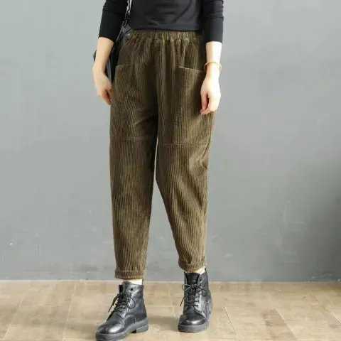 High waisted Plus size Casual Pants Loose Slim Harem Carrot Pants Army Green - Shop at LoveMi