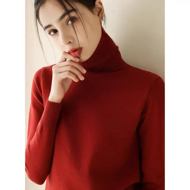 Women's Fashion Loose And Slimming Turtleneck Long Sleeve Knitted Bottoming Shirt Knitwear Red - Shop at LoveMi