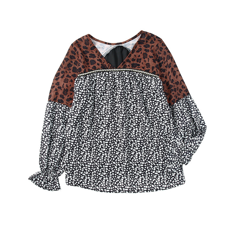 Long Sleeve Pullover Autumn Leopard Print Collar Fashion Ribbon Women's Chiffon Shirt