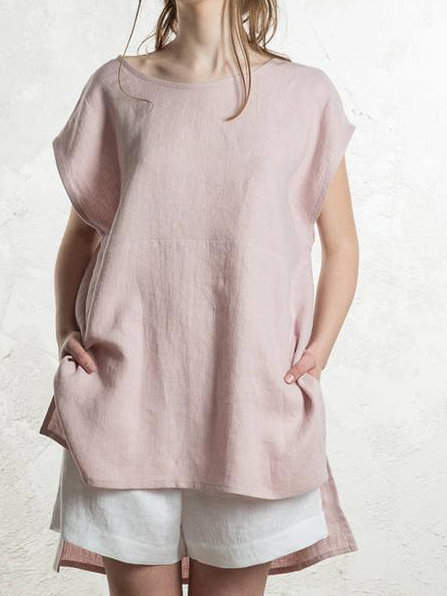 Round Neck Front Short Back Long Short Sleeve Top For Women Pink - Shop at LoveMi