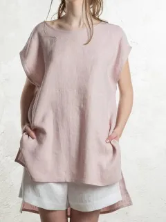 Round Neck Front Short Back Long Short Sleeve Top For Women - Pink - View 1