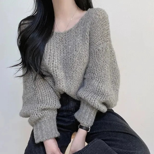 Simple Pullover Drop-shoulder Sleeve Loose Thick Knit Knitwear - Gray