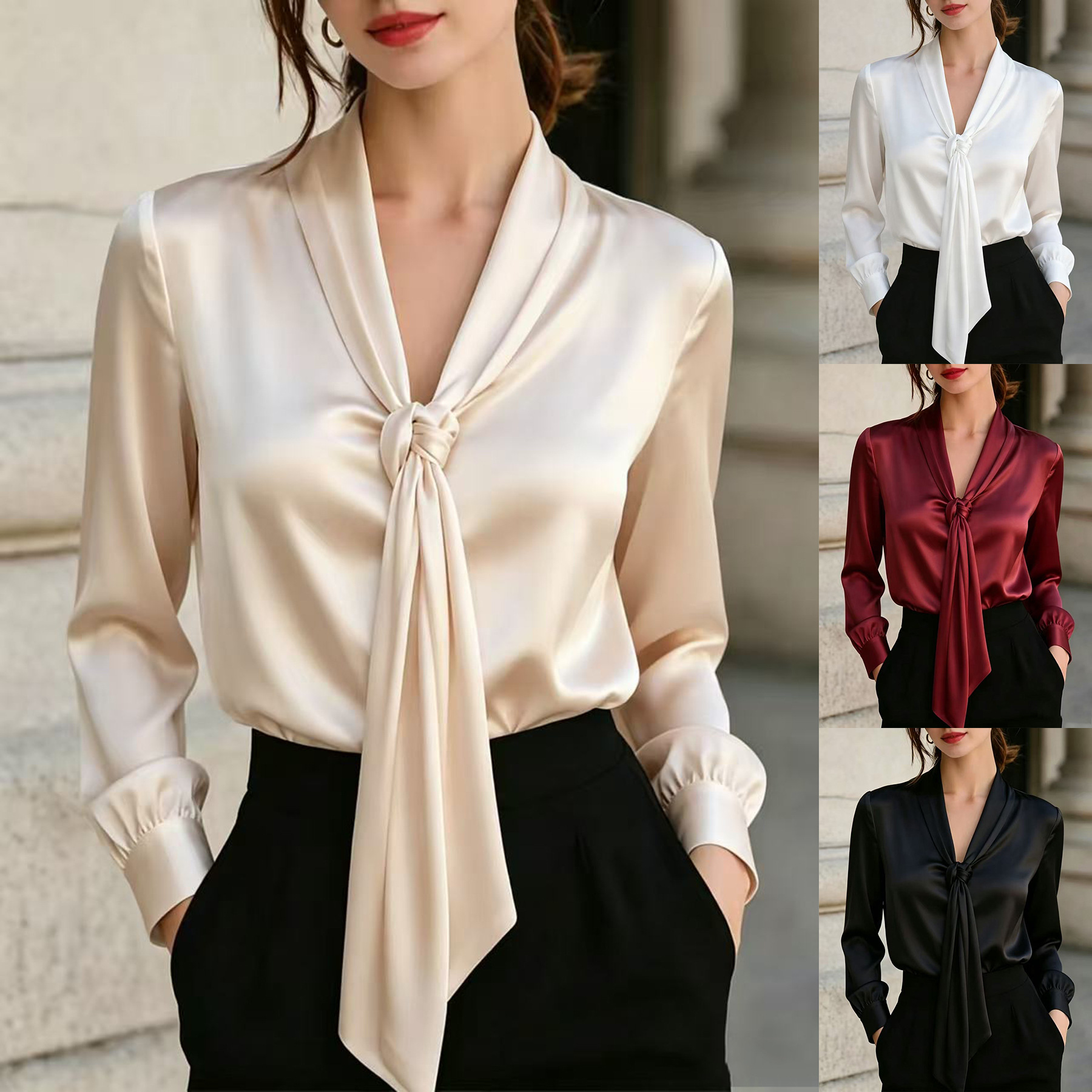 Satin Ribbon V-Neck Knotted Long-Sleeve Shirt For Women