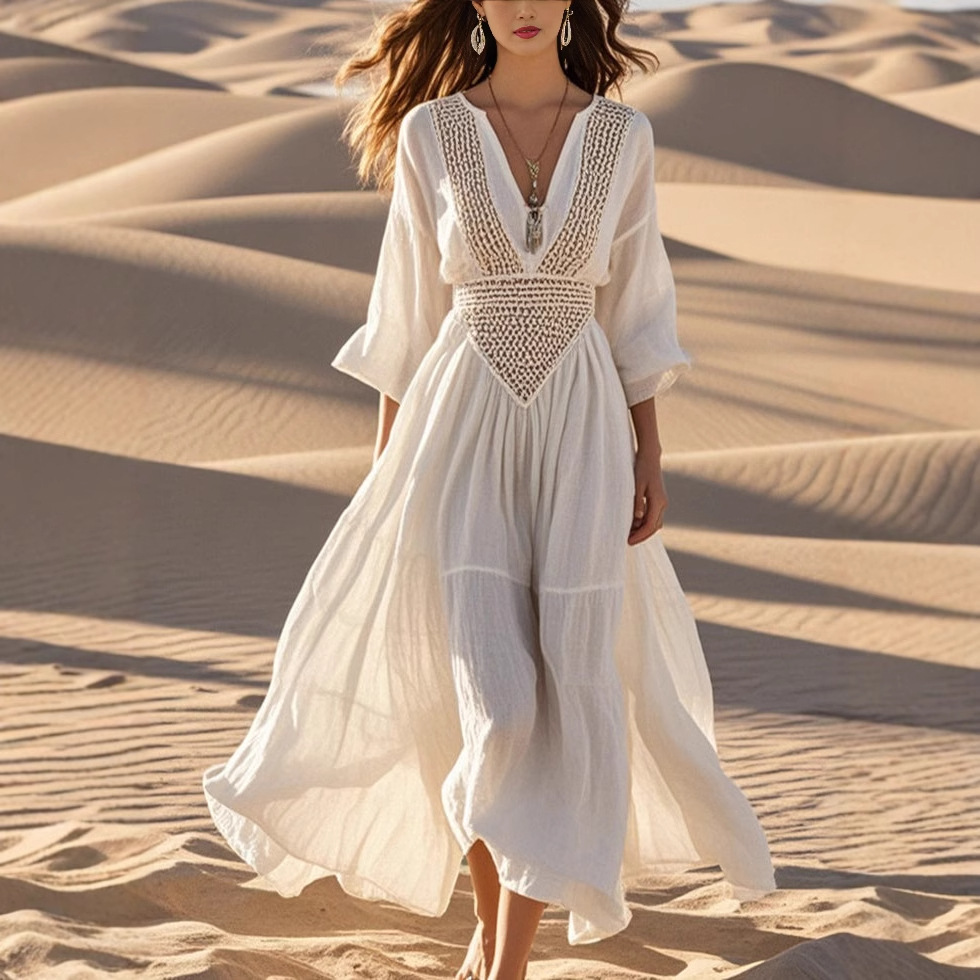 European And American Stitching Beach Seaside Vacation Hollow Dress