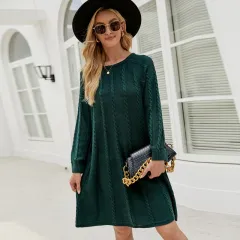 Women's Fashion Casual Solid Colour Pullover Twisted Dress - Dark Green - View 1