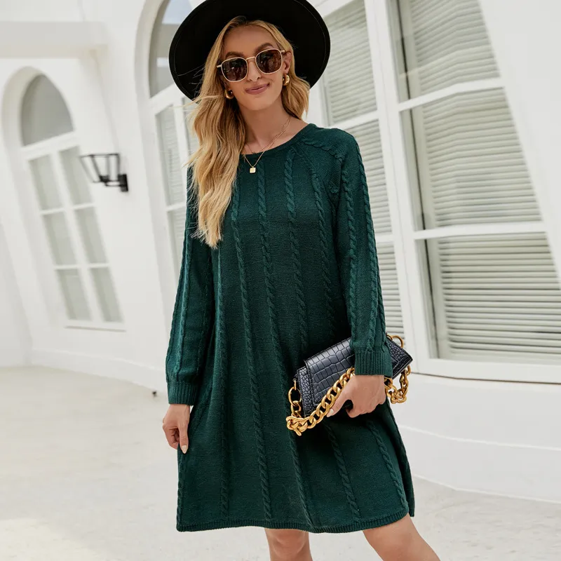 Women's Fashion Casual Solid Color Pullover Twisted Dress - Green