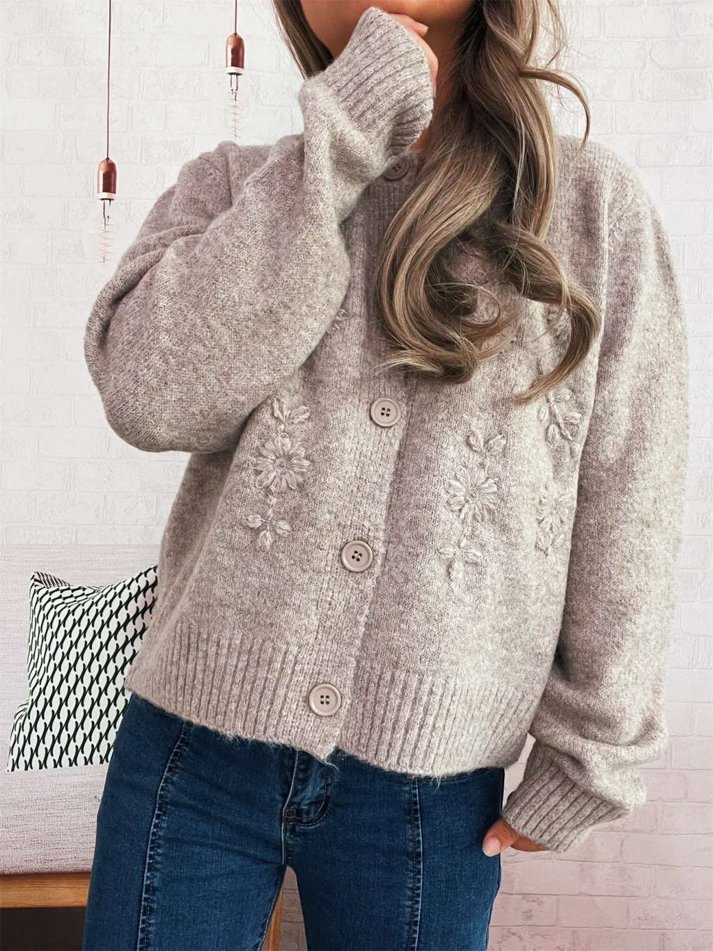 Simple Casual Flower Cardigan Round Neck Long Sleeve Sweater - Oatmeal Color