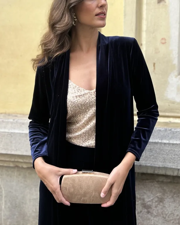 Velvet New Autumn And Winter Temperament Coat Casual Pants Thick Two piece Suit Fashion Women Dark Blue Coat - Shop at LoveMi