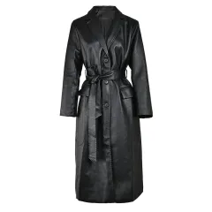 Waist-tight Show Thin Black PU Leather Temperament Coat Commute Leisure Long High-grade Windbreaker - Black - View 1