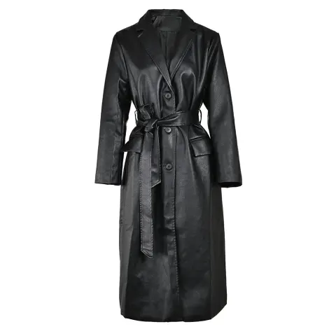 Waist-tight Show Thin Black PU Leather Temperament Coat Commute