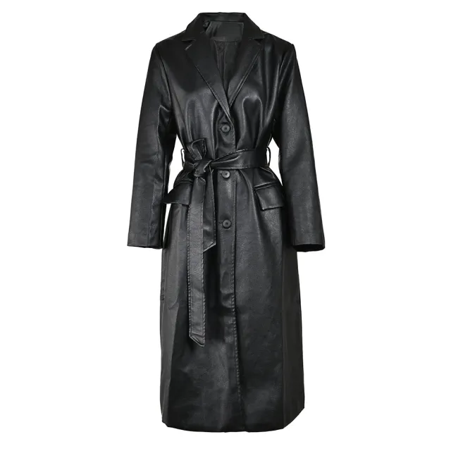 Waist tight Show Thin Black PU Leather Temperament Coat Commute Leisure Long High grade Windbreaker Black - Shop at LoveMi