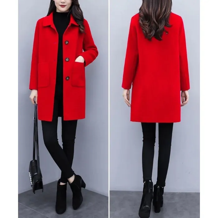 Loose Mid-length Korean Version Oversized Wool Coat - Red