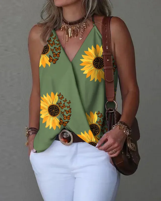 Loose Casual V neck Bottoming Women's Top Vest Green Sunflower - Shop at LoveMi
