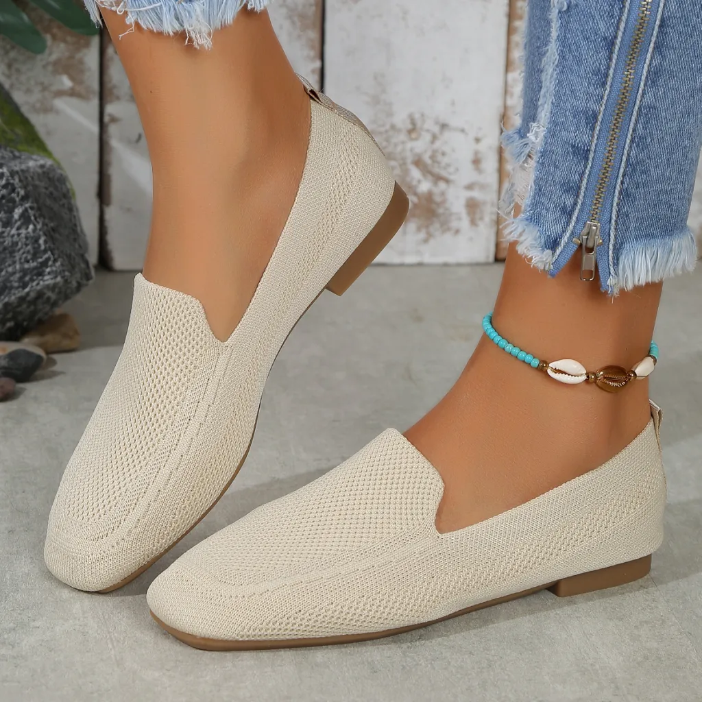 Casual Female Square Toe Flat Flyknit Loafers - Beige