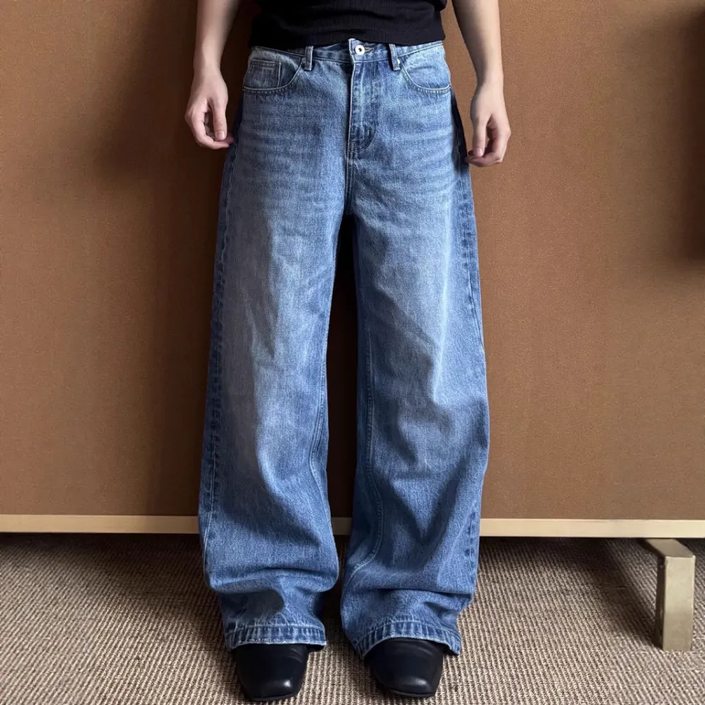 Washed Distressed A- Line Loose Straight Jeans