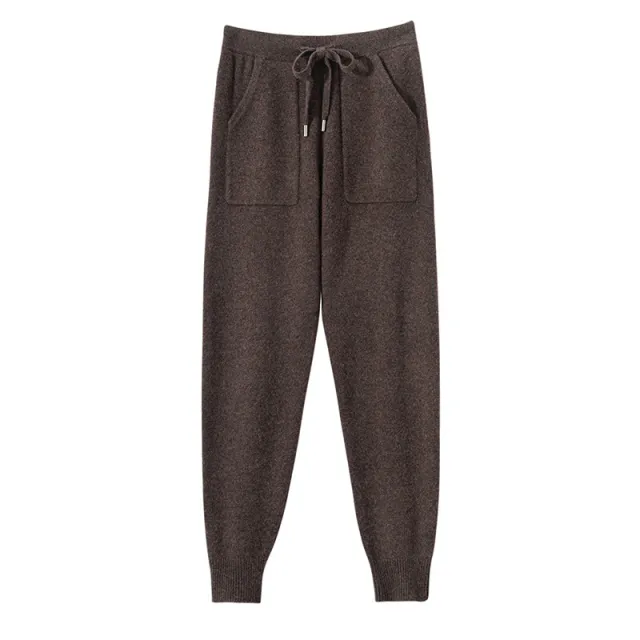 Autumn And Winter New Knit Pants For Women, Draped Casual High waisted Trendy Slimming Floor length Mocha Color - Shop at LoveMi