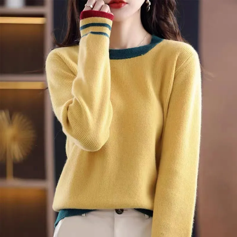 Women's Fashion Fondant Round Neck Multicolor Loose Slimming All-match Sweater - Yellow