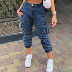 Side Pocket Ankle Banded Washed Mid-waist Denim Women's Trousers - Dark Blue - View 1