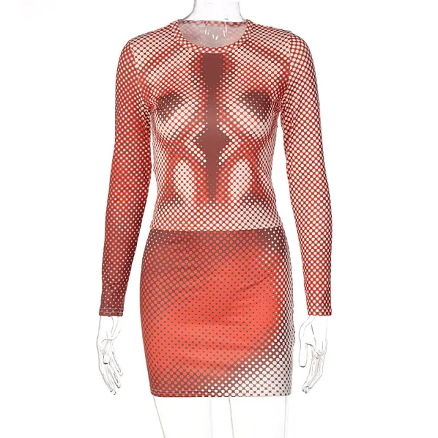 Women's Fashion Print Round Neck Long sleeved Top Slim Fit Short Half length Dress Women Orange - Shop at LoveMi