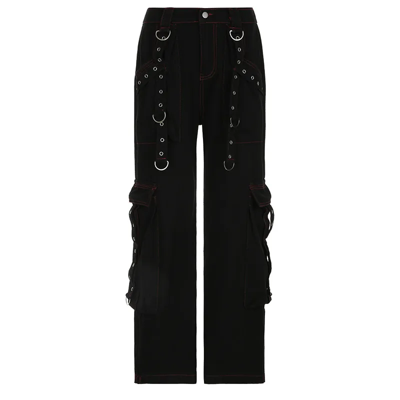 Dark Style Punk Heavy Industry Metal Ribbon Jeans Women - Black