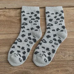 Women's Spotted Leopard Print Terry-loop Hosiery Cotton Middle Tube Socks - Grey - View 1
