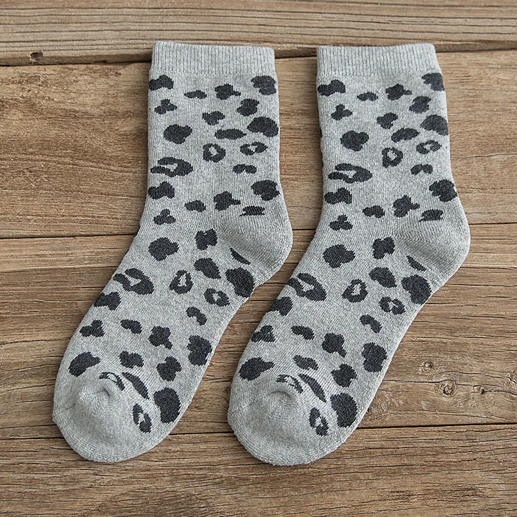 Women's Spotted Leopard Print Terry-loop Hosiery Cotton Middle Tube Socks - Gray