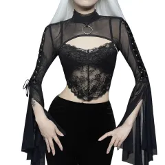 Dark Style Half Turtleneck Bell Sleeve Bilateral Ribbon Slim Fit Waistcoat - Black - View 1