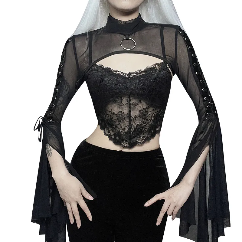 Dark Style Half Turtleneck Bell Sleeve Bilateral Ribbon Slim Fit Waistcoat - Black