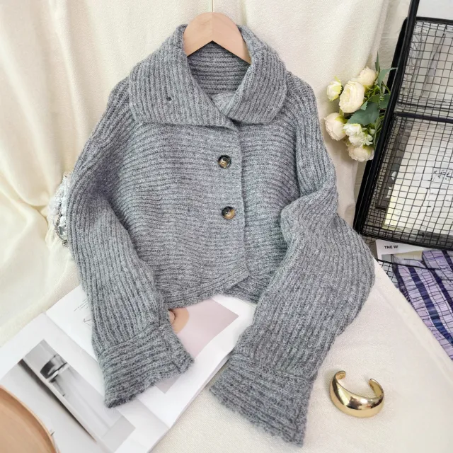 Knitted Cardigan Lapel Single Breasted Casual Irregular Women's Sweater Jacket Gray - Shop at LoveMi