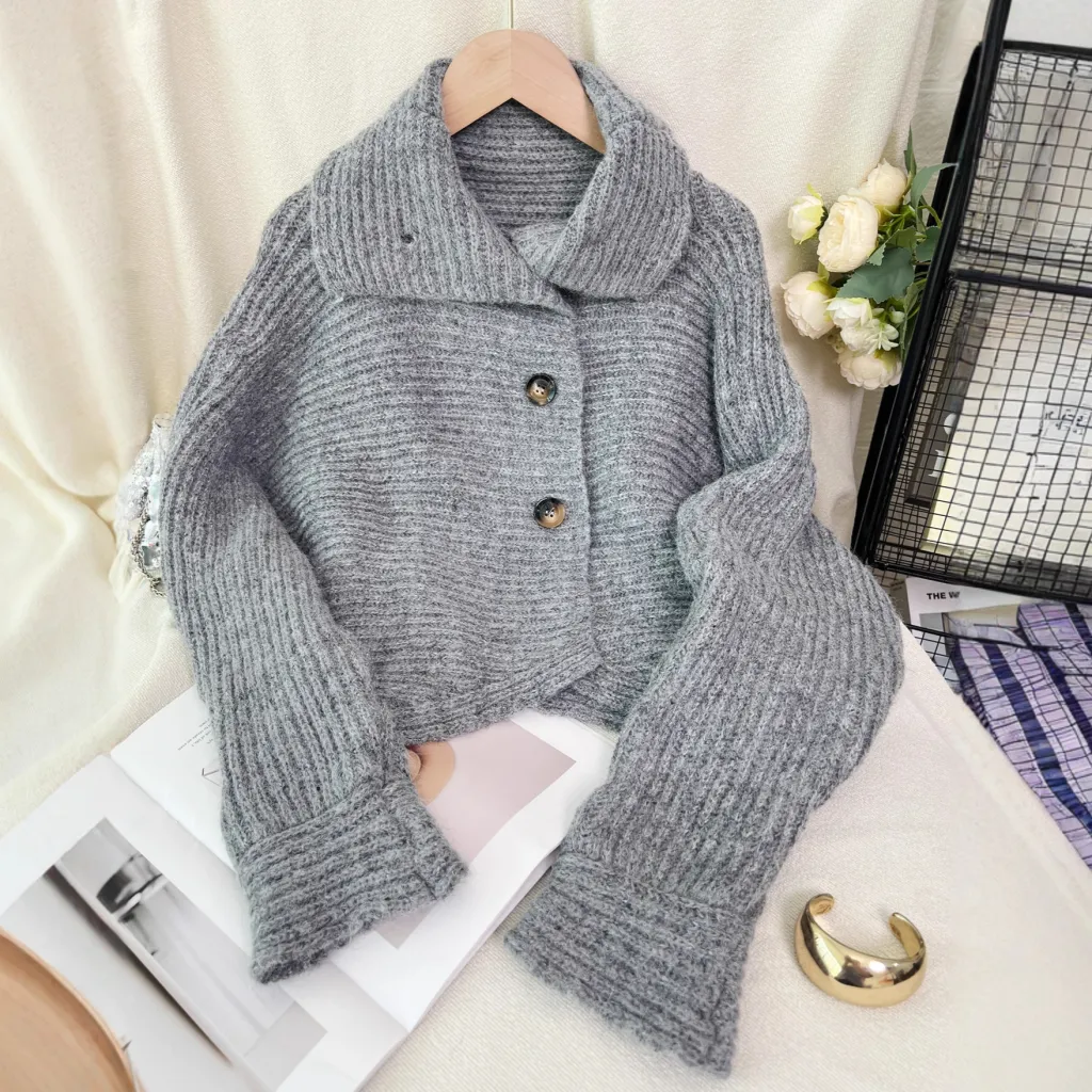Knitted Cardigan Lapel Single Breasted Casual Irregular Women's Sweater Jacket - Gray