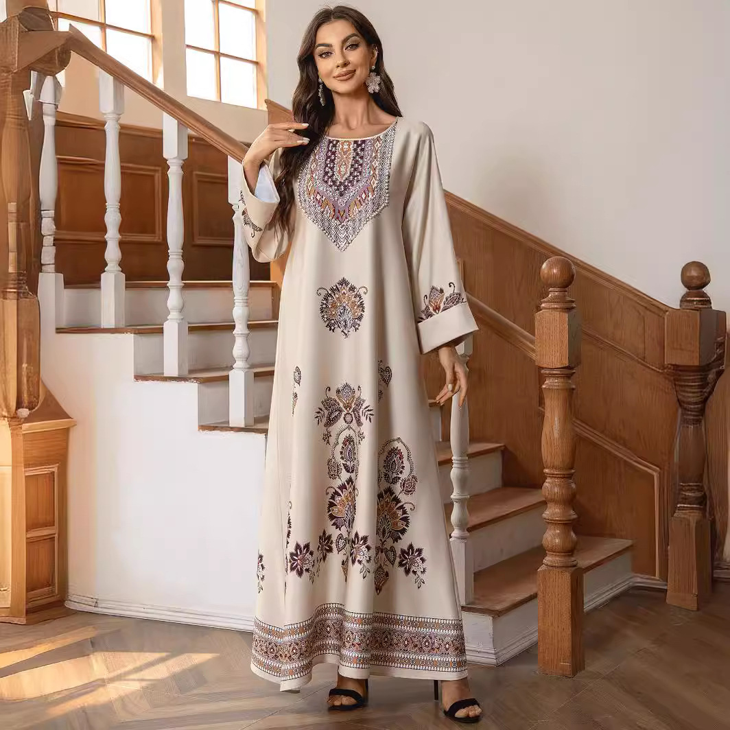 Women's Round Neck Printed Rhinestones Beaded Loose Dress