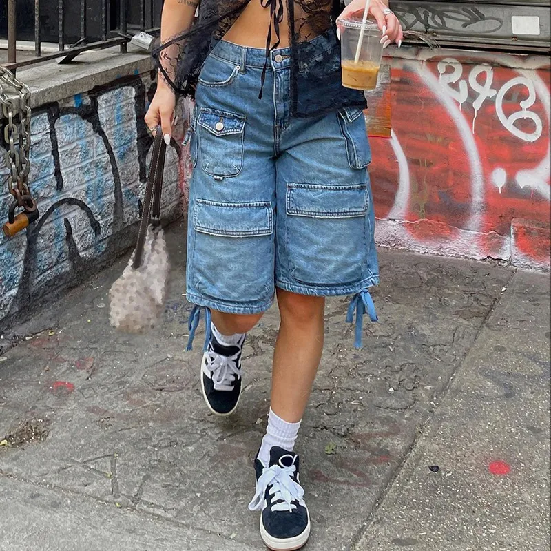 High Waist Zipper Straight Stitching Drawstring Denim Shorts - Blue