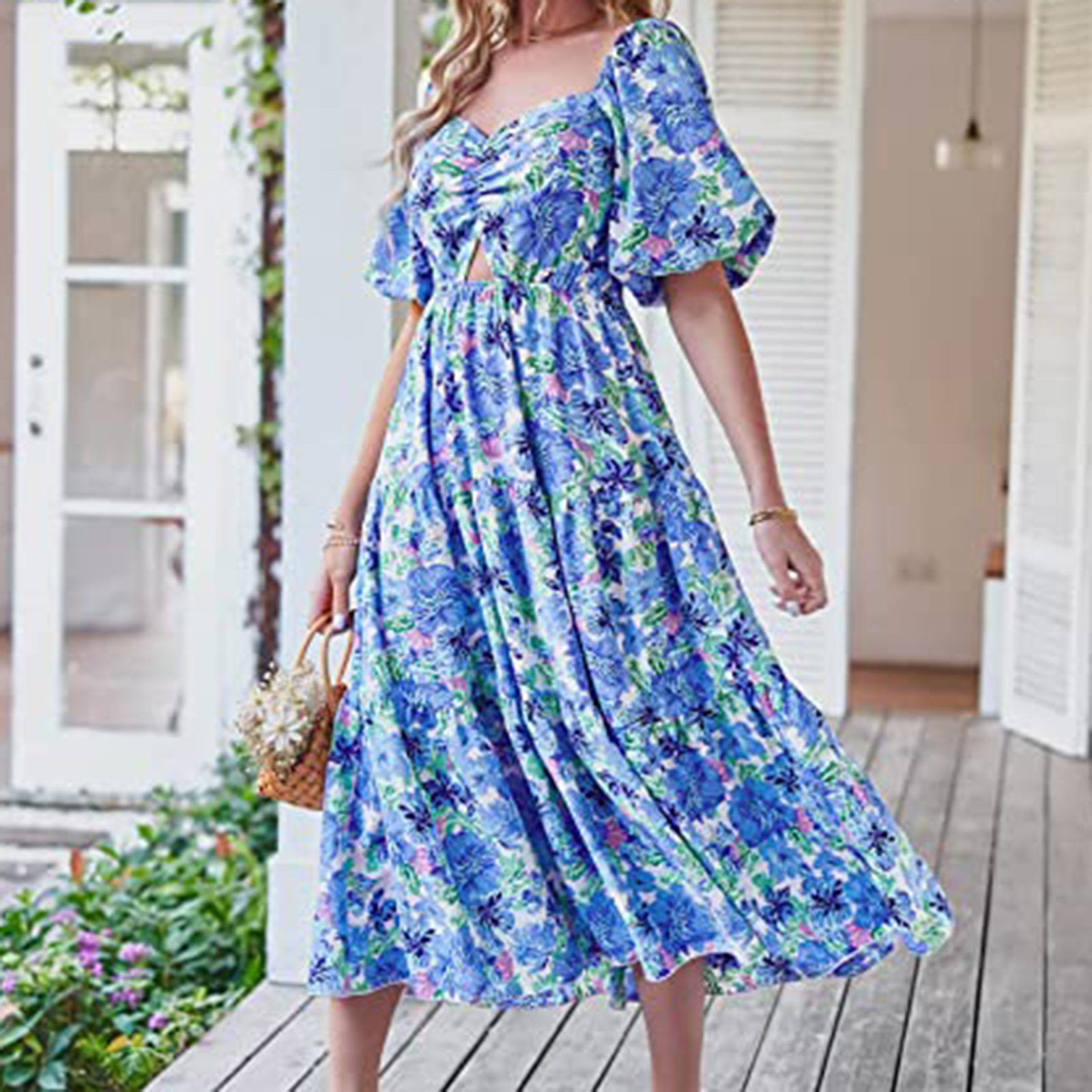 Digital-Print Bohemian Floral Patchwork Mid-to-High-Waist Dress