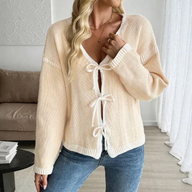 European And American Autumn And Winter Contrast Color Senior Series Chic Cardigan Knitted Sweater Khaki - Shop at LoveMi