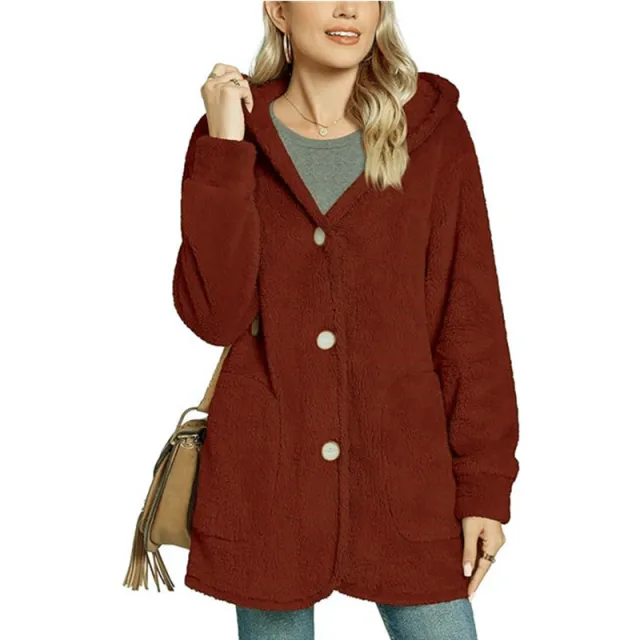 European And American Plush Hooded Button Pocket Cardigan Casual Coat Caramel Color - Shop at LoveMi
