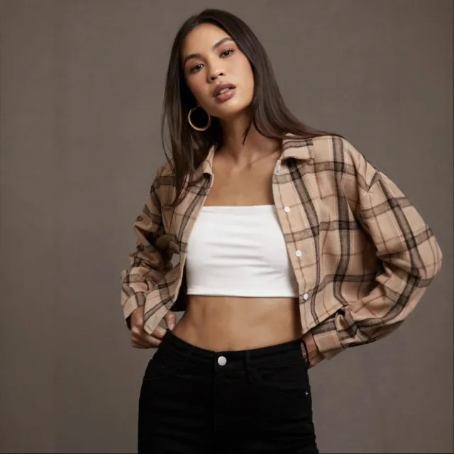 European And American Women's Clothing Short Long Sleeve Plaid Cropped Lapel Shirt Khaki - Shop at LoveMi