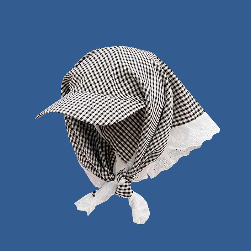 New Japanese-style Fresh And Chic Plaid Lace-trimmed Headscarf With Tie For Women