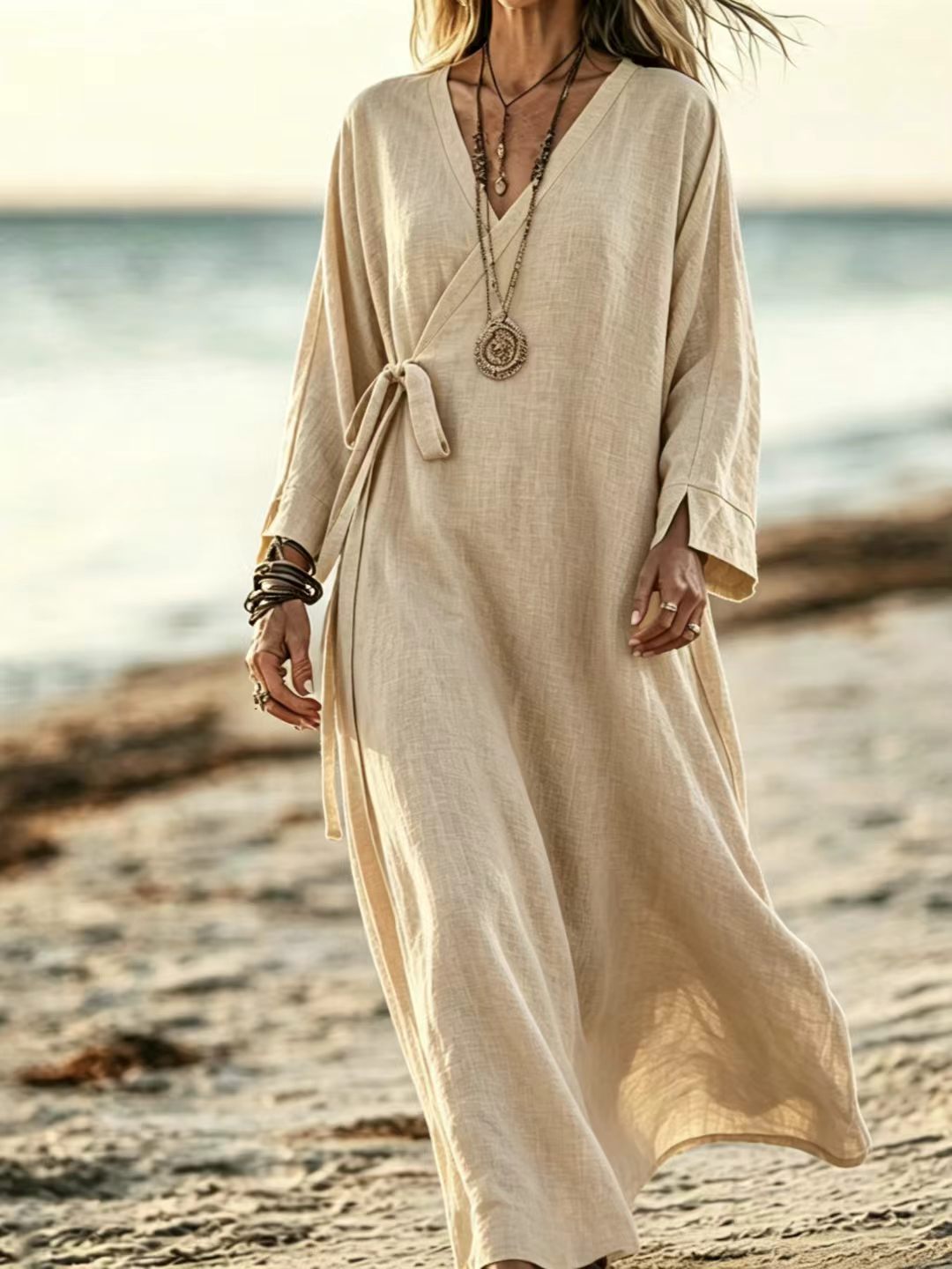 V-neck Crossover Strap Long-sleeve Resort Dress F083a666 C8db 40c6 B3d3 40784709111a