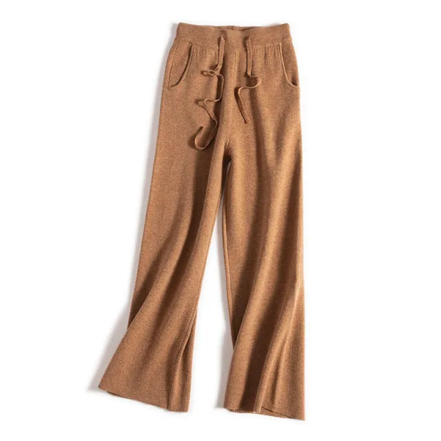 Thick Version Soft Glutinous Wool Drawstring High Waist Straight Wide Leg Pants Camel - Shop at LoveMi
