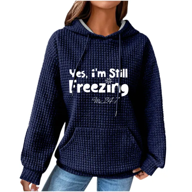 Women's Hooded Long sleeved Patchwork Waffle Sweater Blue - Shop at LoveMi